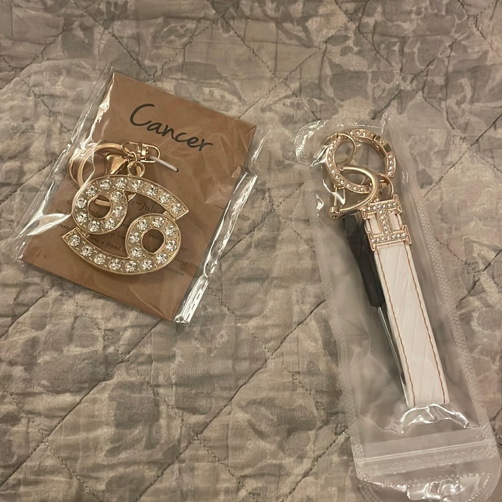 Zodiac sign cancer keychain & white keychain with loop and gold accents
